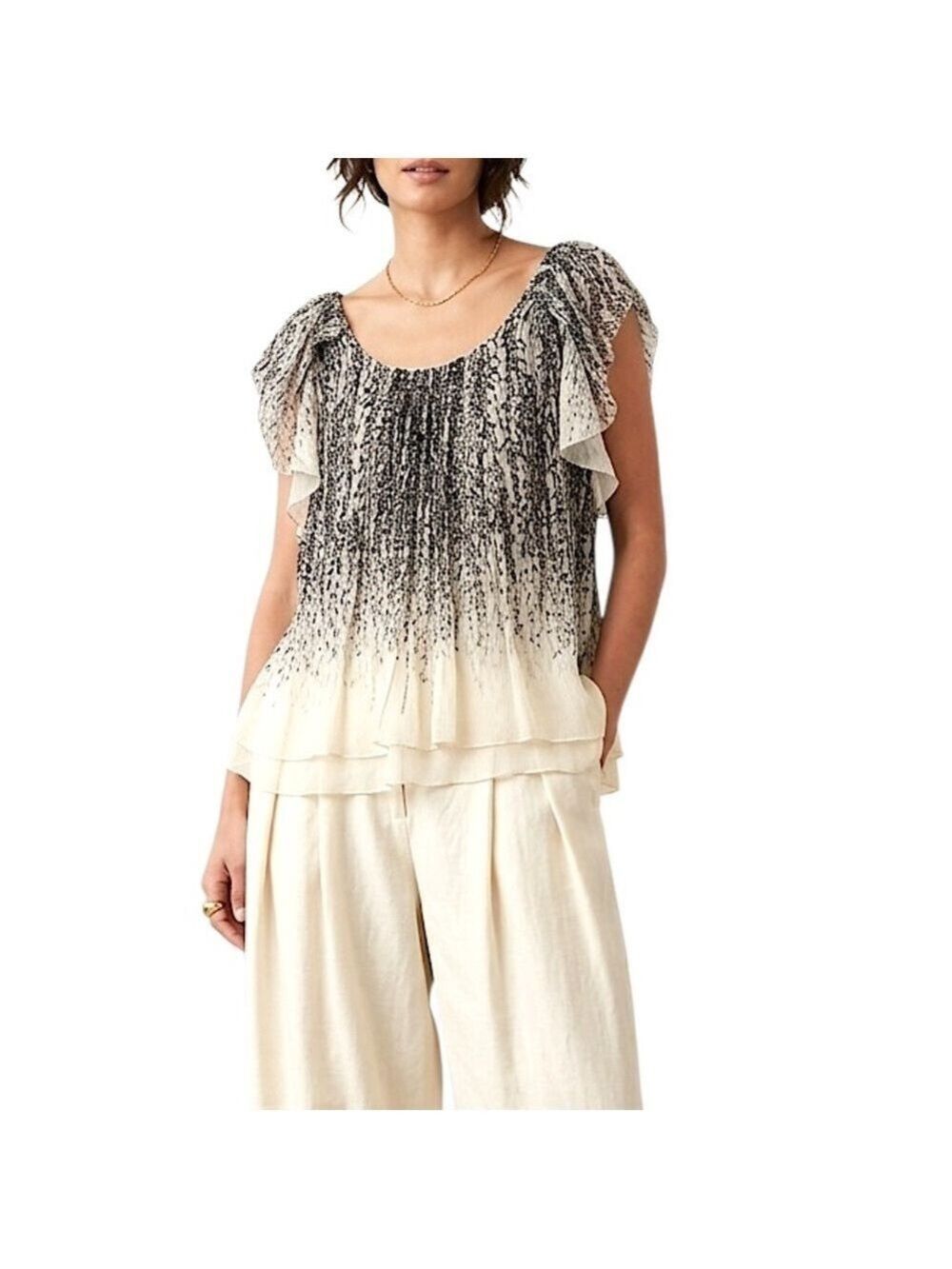 Diane von Furstenberg pure silk chiffon beige black floral leaf print top 4